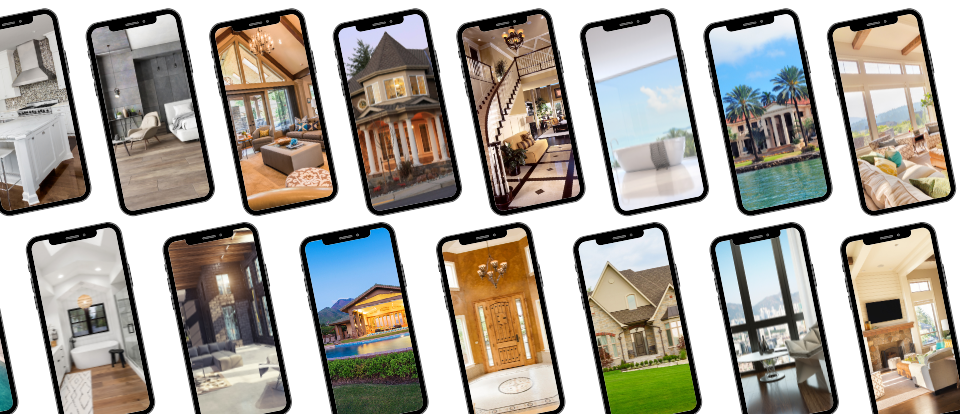 Multiple phones showing images of houses on their screens