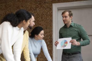 A group of corporate workers collaborating and brainstorming ideas in an office setting