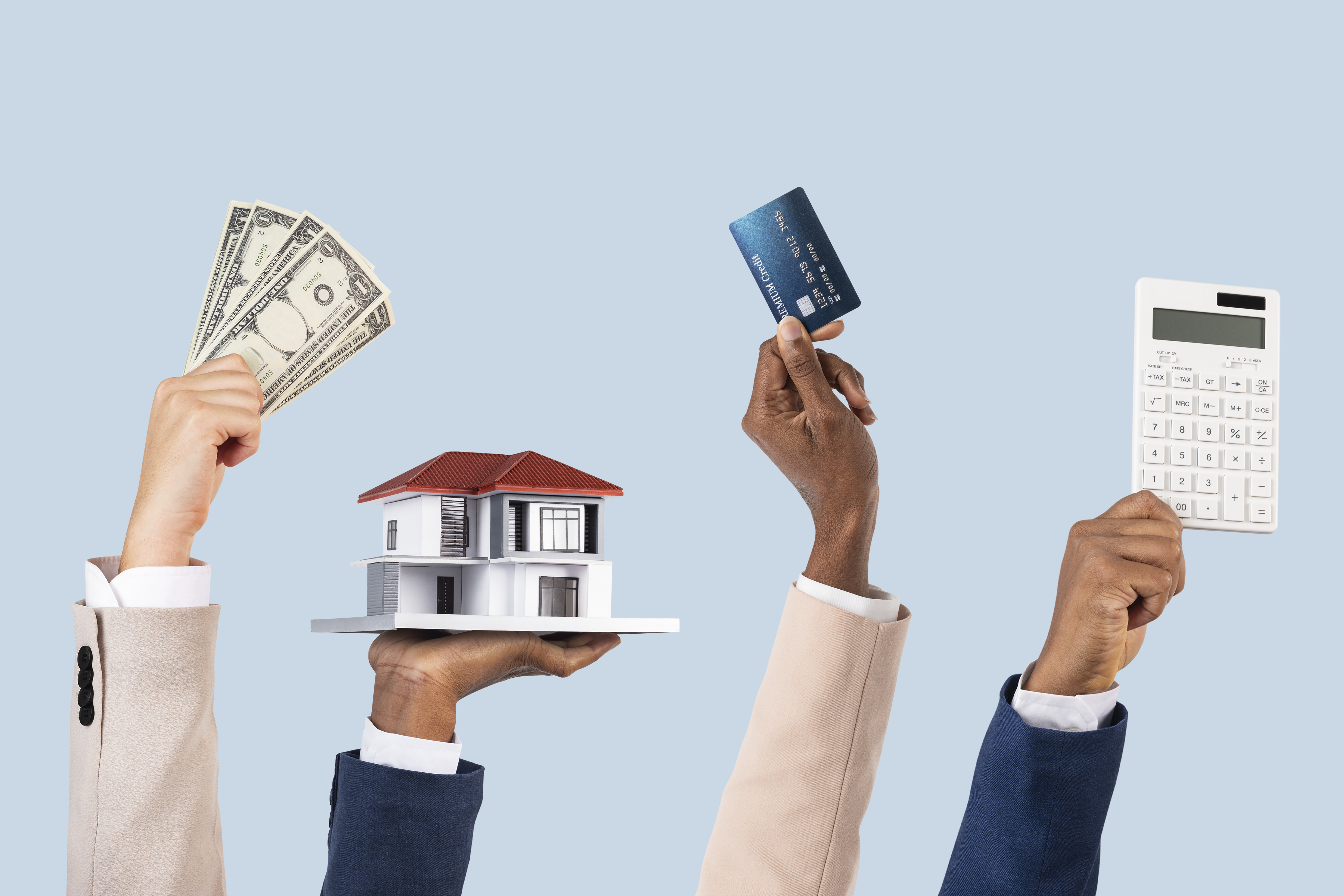 Hands stretched out holding money, a miniature house, and various items